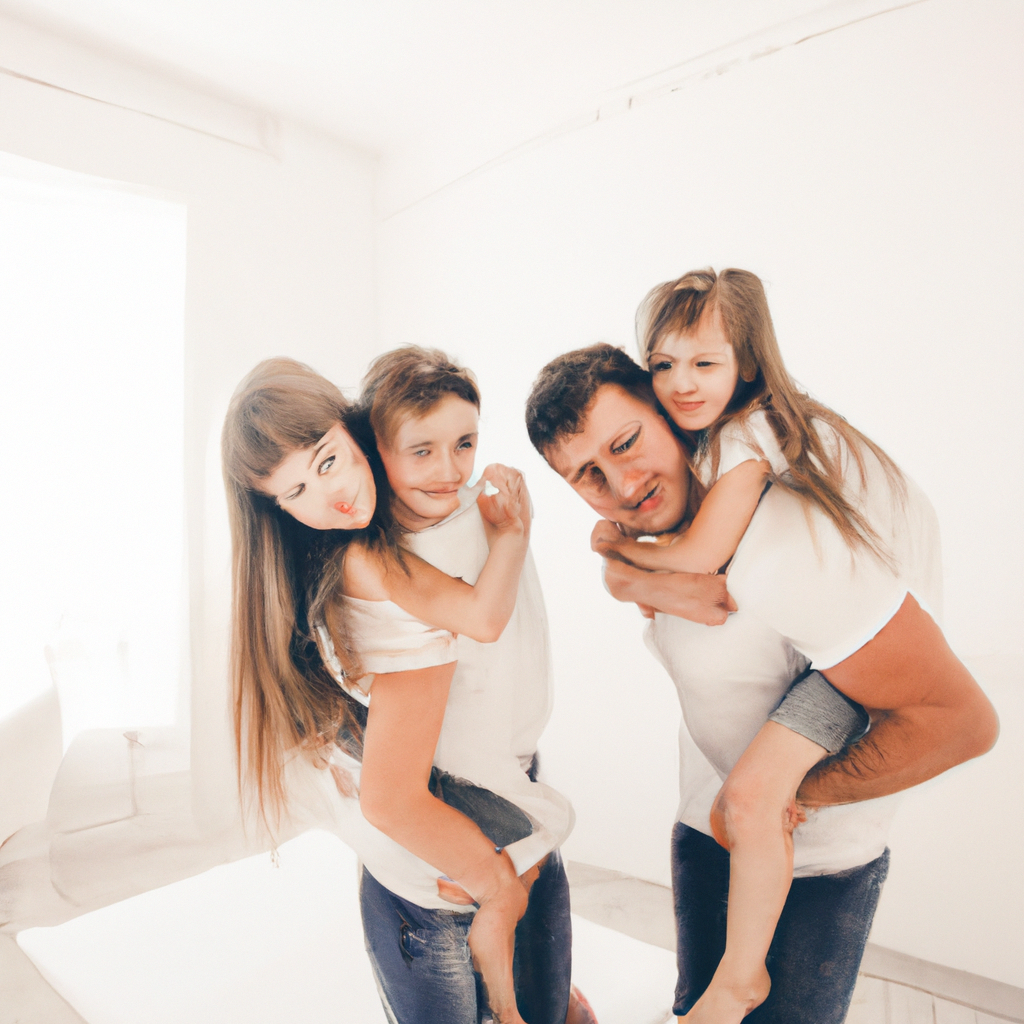 Sesión familiar en sala de estar tonos blancos con sonrisas y sombras suaves — imagen generada